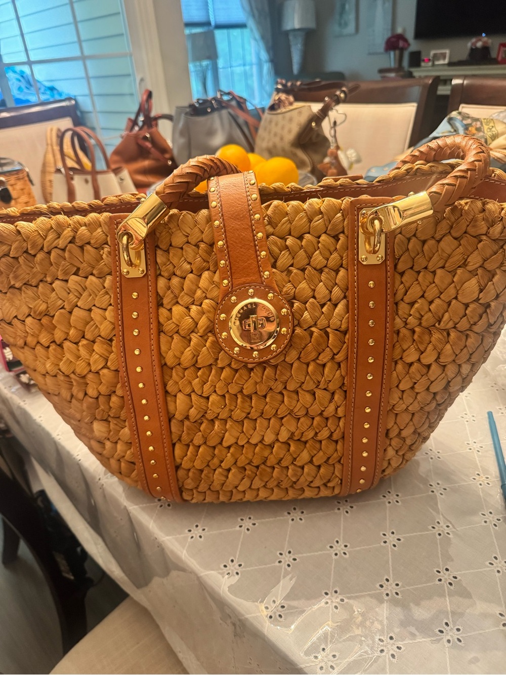 Michael Kors Braided Straw Tote with Tan Leather and Gold Accents